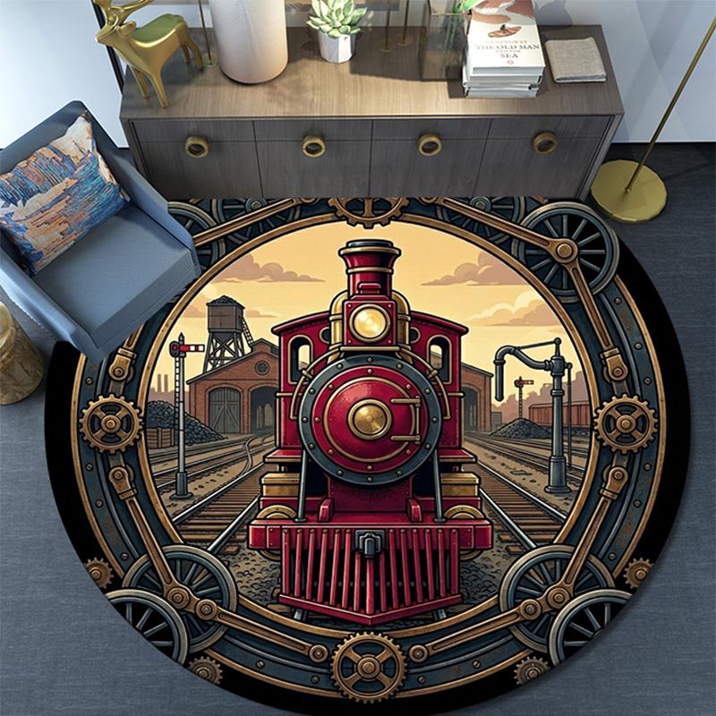 Steam Locomotive Art Round Area Rug Under Office Chairs Bedroom Living Room Home Decor