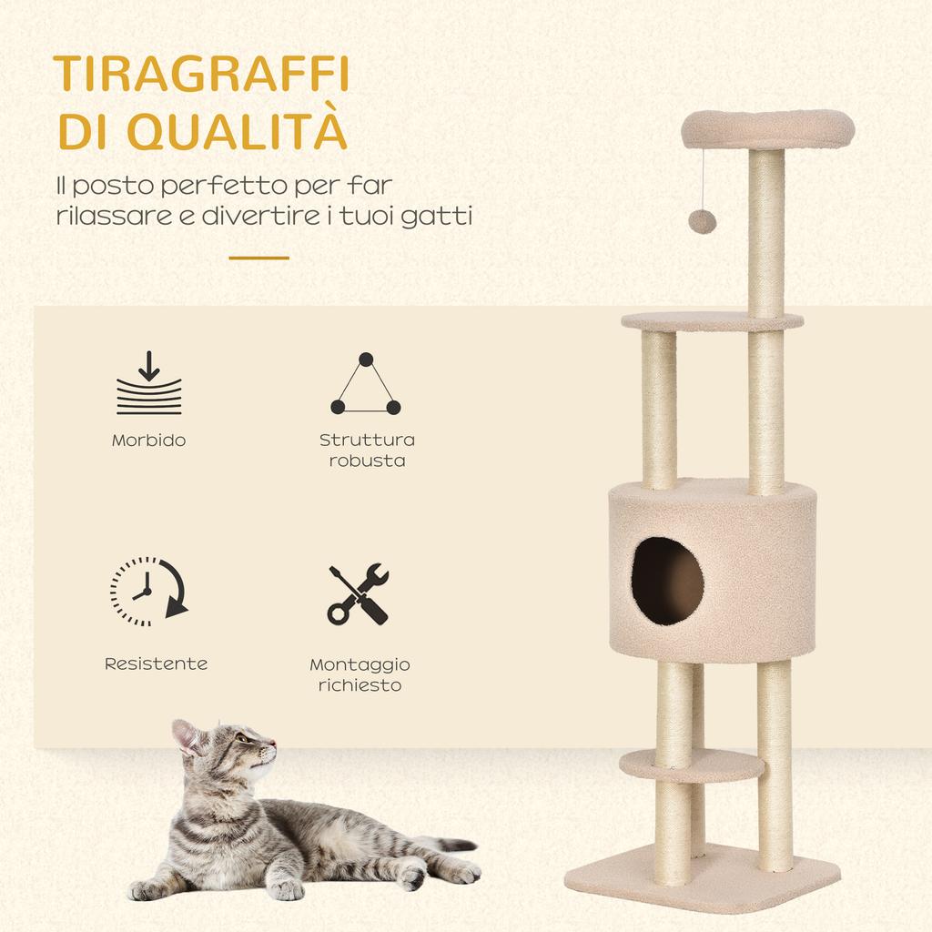 Sturdy Cat Tree with 5 Levels, Kennel, Playhouse, and Sisal Rope, Beige, Max 30kg