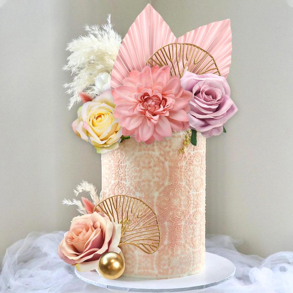 12 Stück Boho Kuchenaufsatz Blume Kuchenaufsatz Rosa Palmenblätter Kuchen Dekorationen mit Künstlicher Rose Ginkgo Blättern und Kugeln