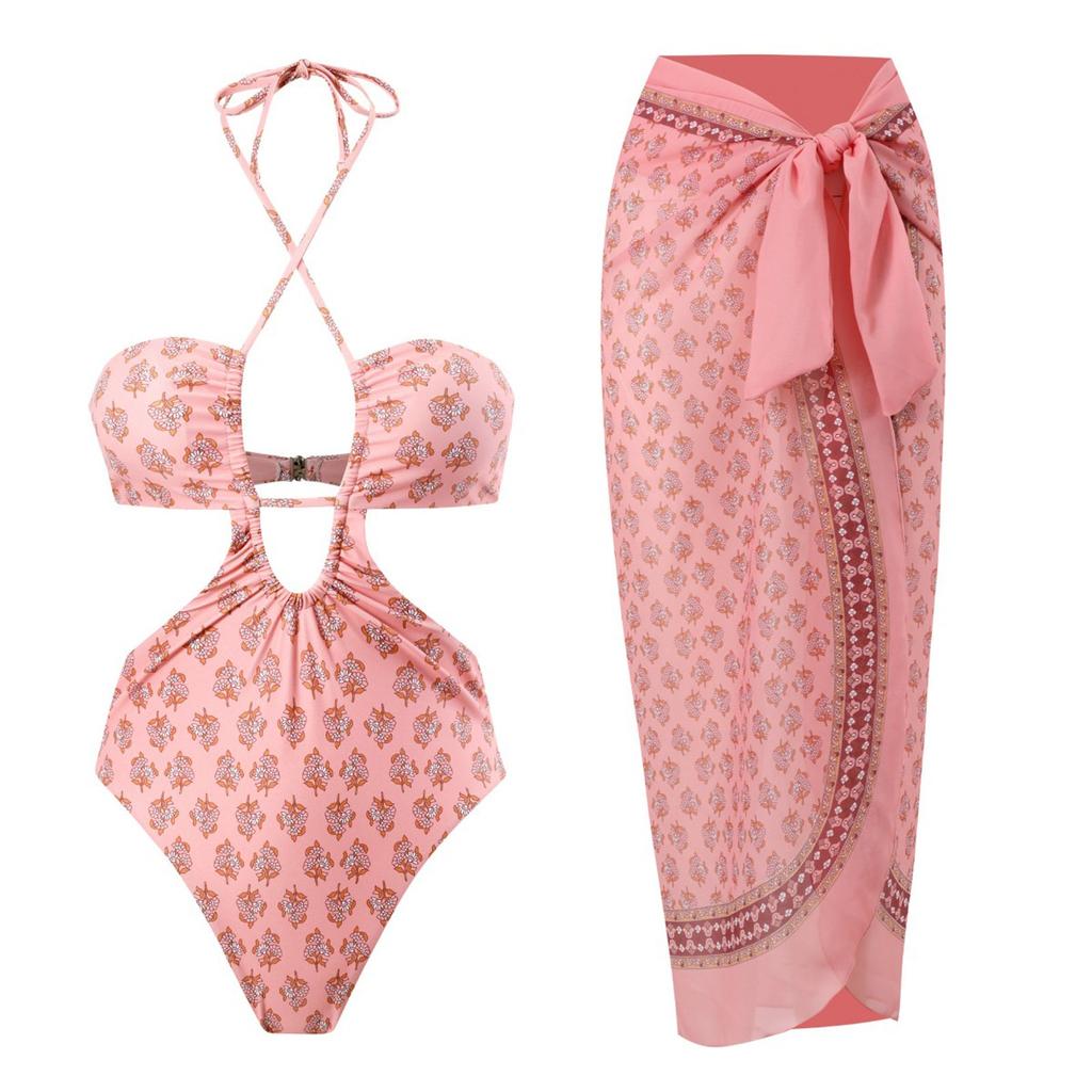 Damen 1-teilige Badebekleidung + 1-teiliger Überzug, zweiteiliger Badeanzug mit Vintage-Print, Monokini-Bikini, 2-teilige Badeanzüge