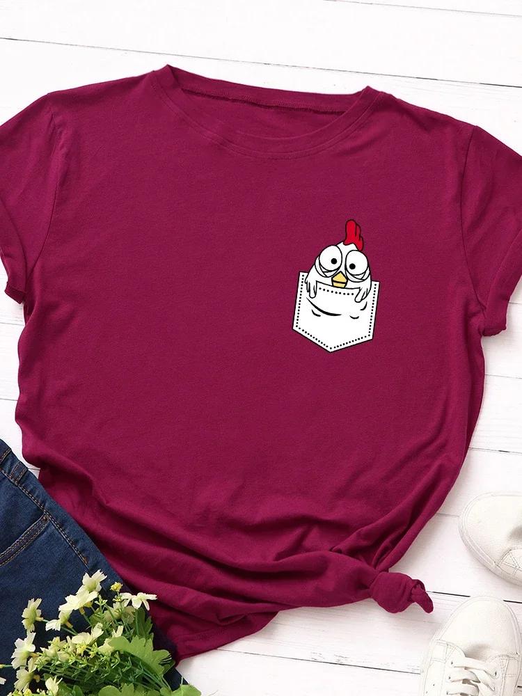 Pocket Chick Print Women T Shirt Short Sleeve O Neck Loose Women Tshirt Ladies Tee Shirt Tops Clothes Camisetas Mujer