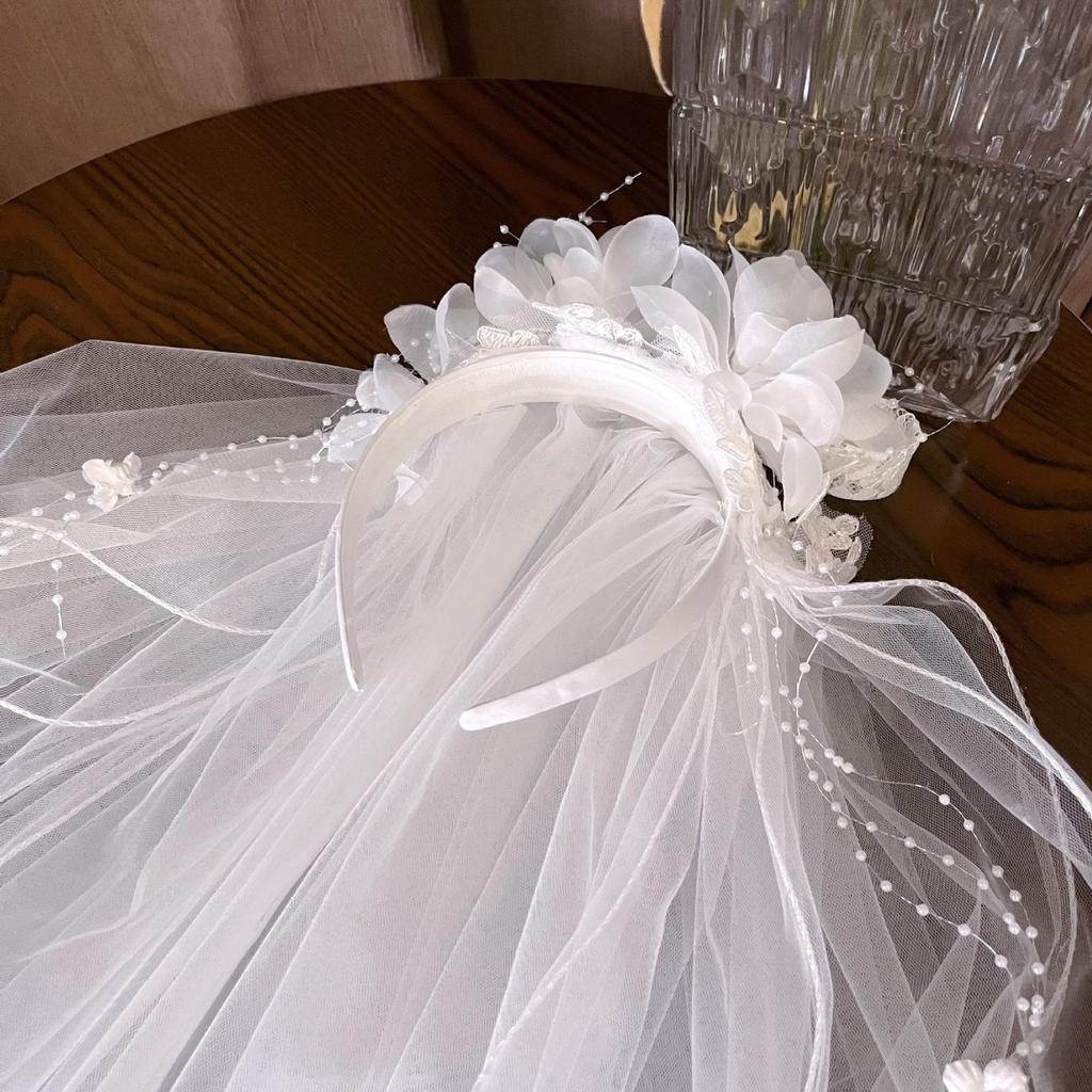 Retro Bride Fairy Wedding Dress with 3D Floral Pearl Tassel Veil & Layered Headband