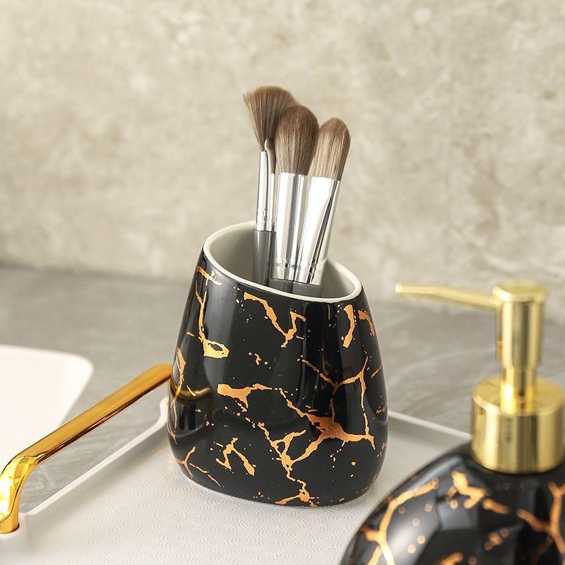 Exquisite Gold Plated Black Ceramic Bathroom Set Lotion Bottle Soap Dispenser Household Mouthwash Cup Dish Bathroom Accessories