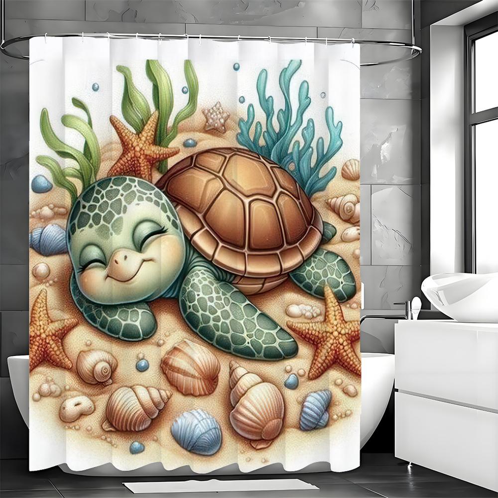Cartoon Cute Turtle Beach Starfish Shell Shower Curtain, Bathroom Decorative Shower Curtain, Waterproof Shower Curtain with Hook