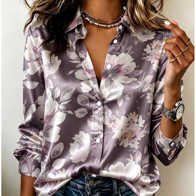Dames Satijnen Blouse met Lange Mouwen Vintage Grote Pioenroos Bloemenprint Blouse Kraag Enkelrijig Losse Kantoor Tops