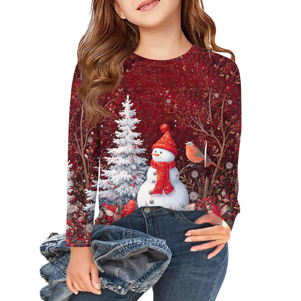 Christmas Day Girls Long Sleeve T Shirts Kids Fall Tops Crewneck Printed Basic Tees