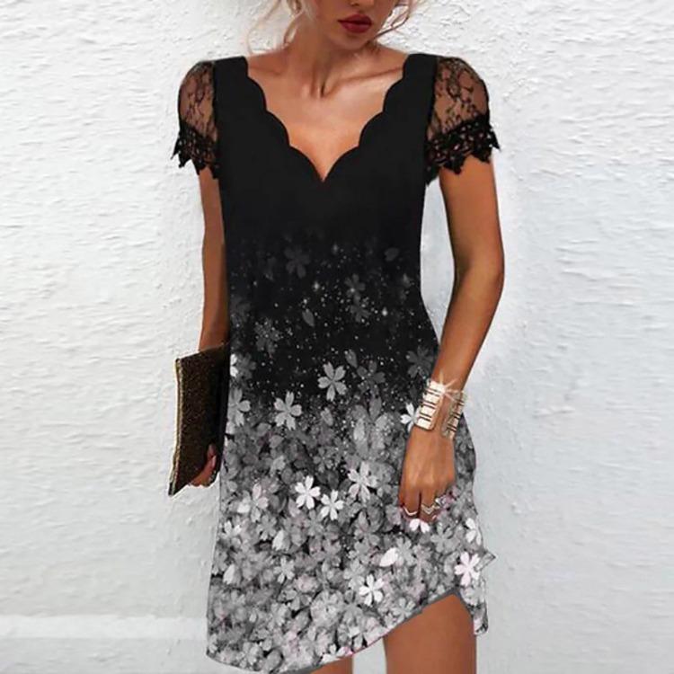 V Neck Short Sleeve Casual Dress for Women with Wave Print Lace Panel Positioning Design