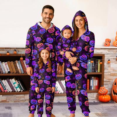 Halloween Printed Family Matching Hooded Long Sleeved Zippered Hooded  Jumpsuit Set