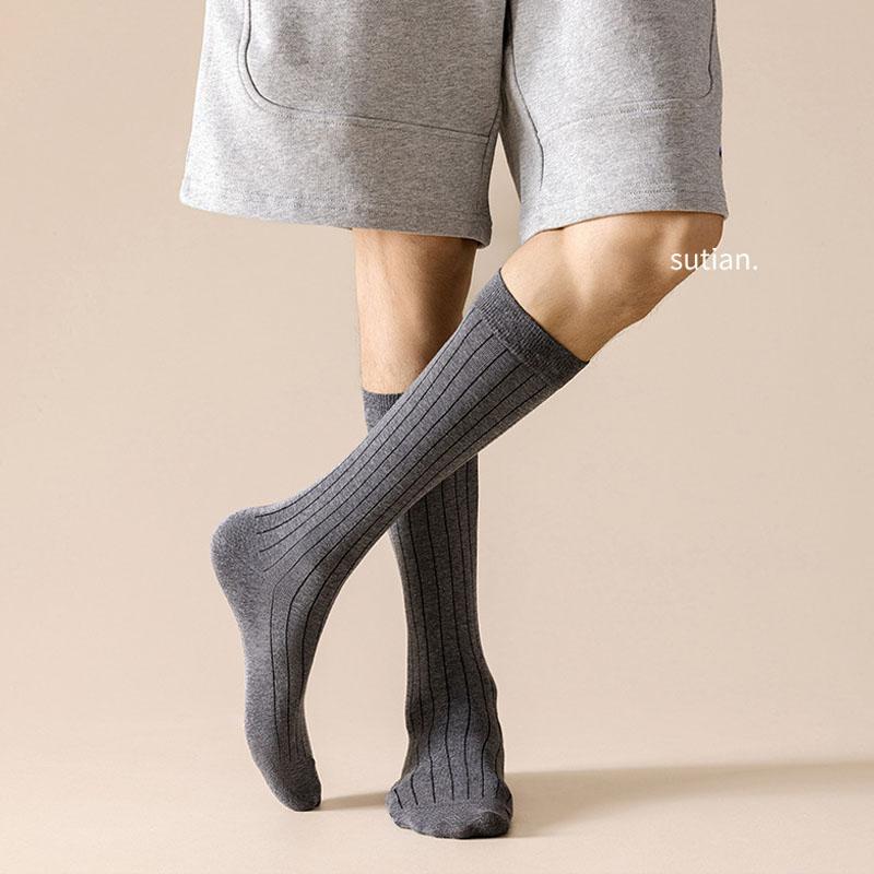 4 Pairs Man Long  Socks Business Cotton Striped Solid Anti-Bacterial,Breathable,Warm Below Knee Calf Crew Socks Gentleman Sokken
