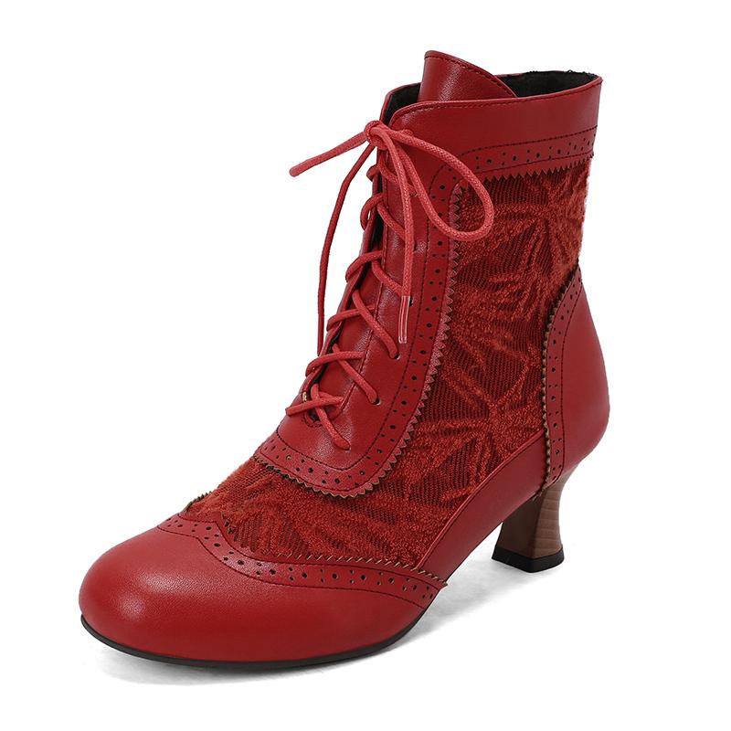 Lace-up Women Ankle Boots Middle Heels Fashion Lace Round Toe Autumn Winter Women Shoes Strange Steampunk Short Booties 34-46
