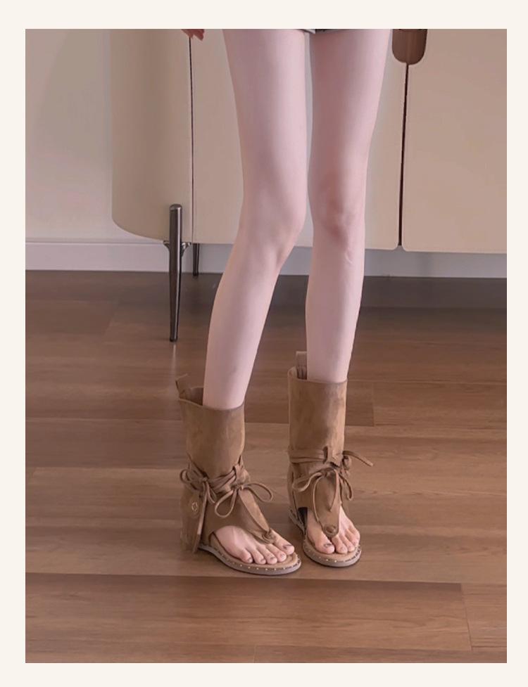 Vintage Round Head Versatile Fringed Heel Open-toed Cool Boots Niche Western Boots Strap Herringbone Toe Roman Sandals Women