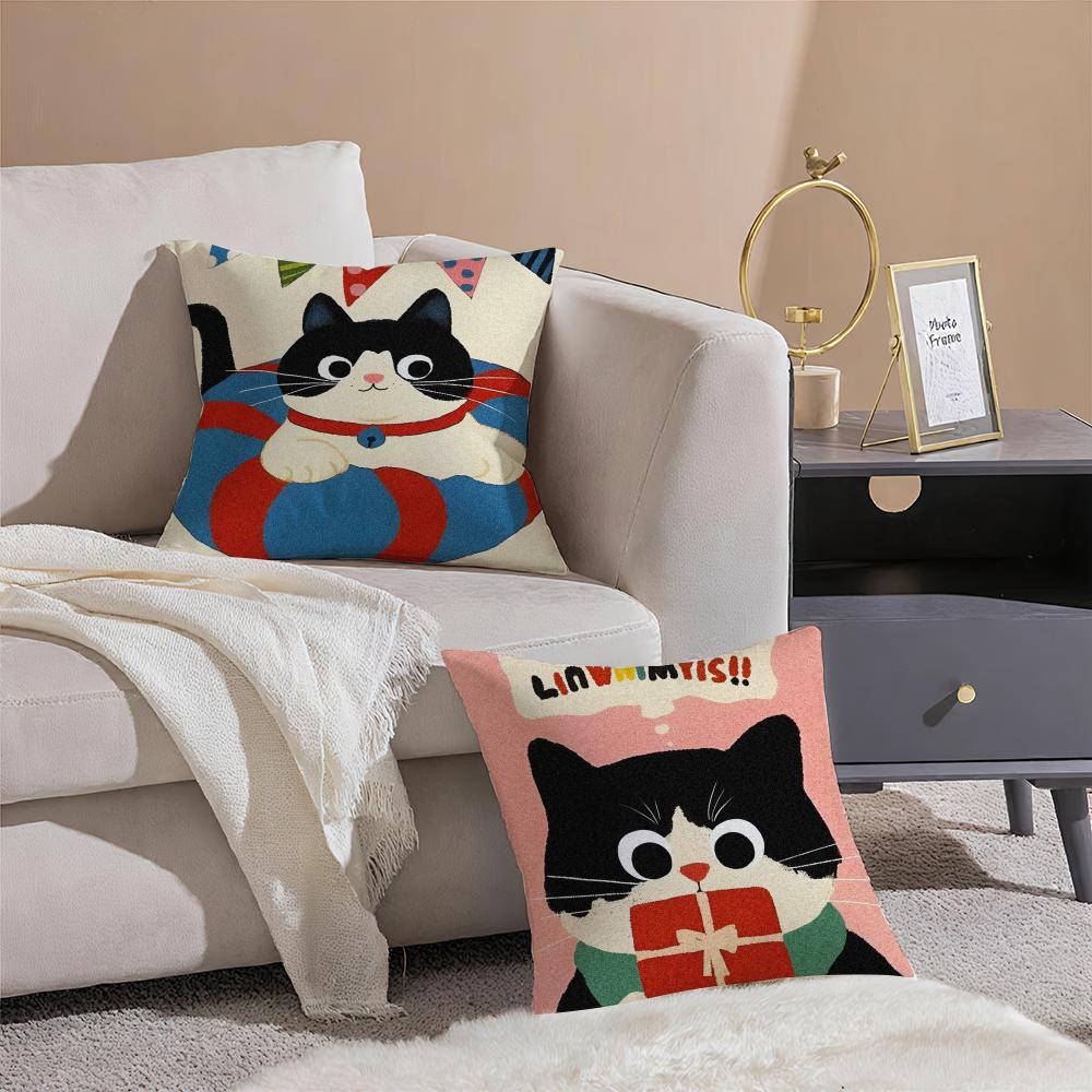 Cozy Cartoon Christmas Gift Cute Cat Cushion Cover Linen Pillow Case Soft Breathable Protective Couch Room Decoration