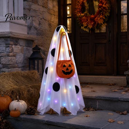 Halloween Ghost Decor Lighted Porch Goose Outfit And Flag Set for 23 Inch Statue, Outdoor Yard Ornament Spooky Clothes with Pumpkin Bucket Patio Lawn