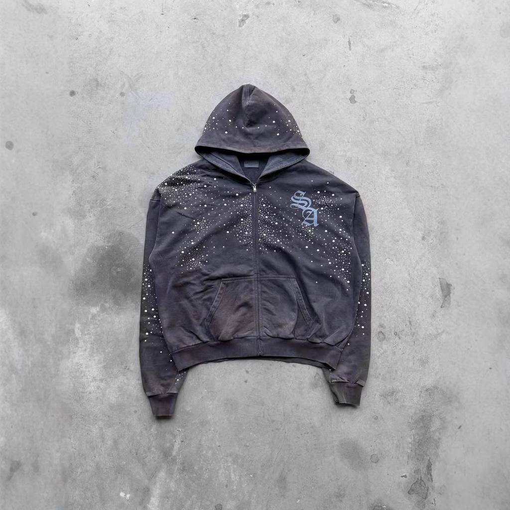 Cross-border new high street new street trend printing two-piece zipper hooded sweater telescopic leggings