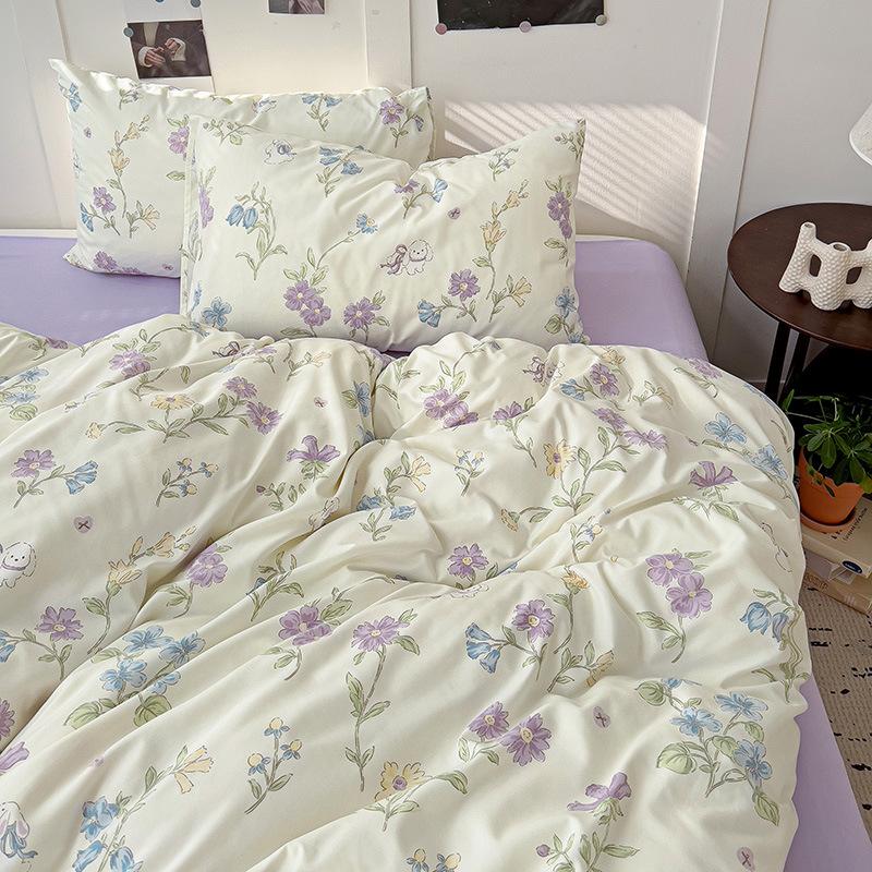 Vierteiliges Bettwäsche-Set, hautfreundlich, atmungsaktiv und bequem, Pastoralstil, Bettlaken, Bettbezug, Kissenbezug-Set