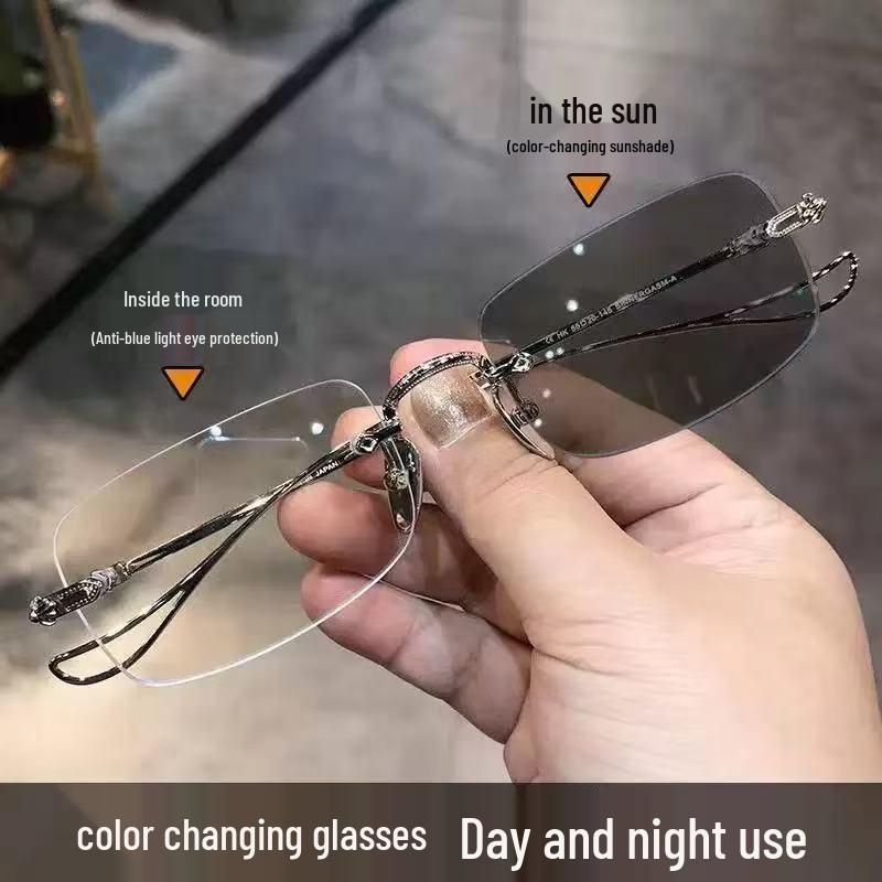 Wang Yibo Style Rimless Pure Titanium Anti-Blue Light Glasses for Men - Retro Flat-Lens Prescription Frame 16096