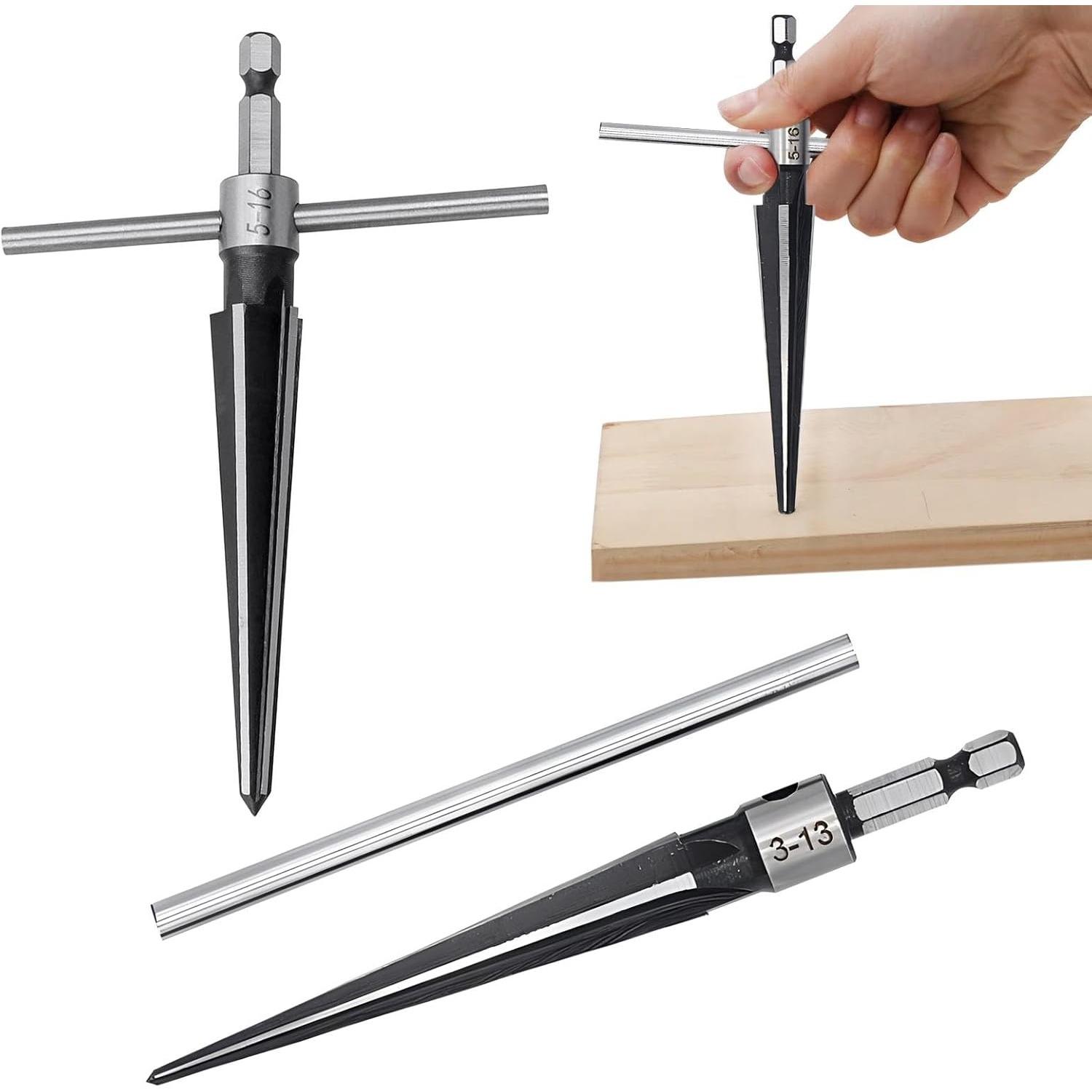 

EMVANV 2Pcs Bridge Pin Hole Reamer, 3-13mm(1/8 -1/2 ) & 5-16mm(½-5/8 ) T Handle Taper Reamer Set, 6 Fluted Chamfer Reaming Tool, Bridge Pin Hole