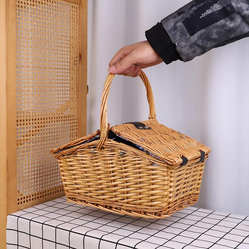 Foldable Wicker Picnic Basket With Lid Portable Outdoor Lunch Carrier Garden Camping Photography Prop