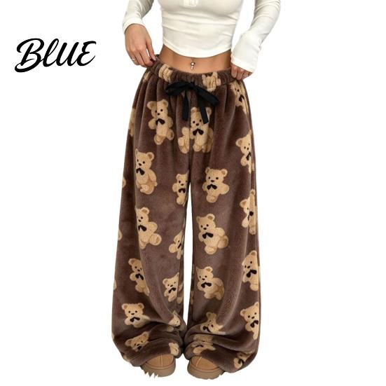 Bear Print Pajamas Women Plush Sleeping Pants Wide Leg Pajama Bottoms Pants Thickened Warm Lounge for Autumn Winter Home Wear Bottoms