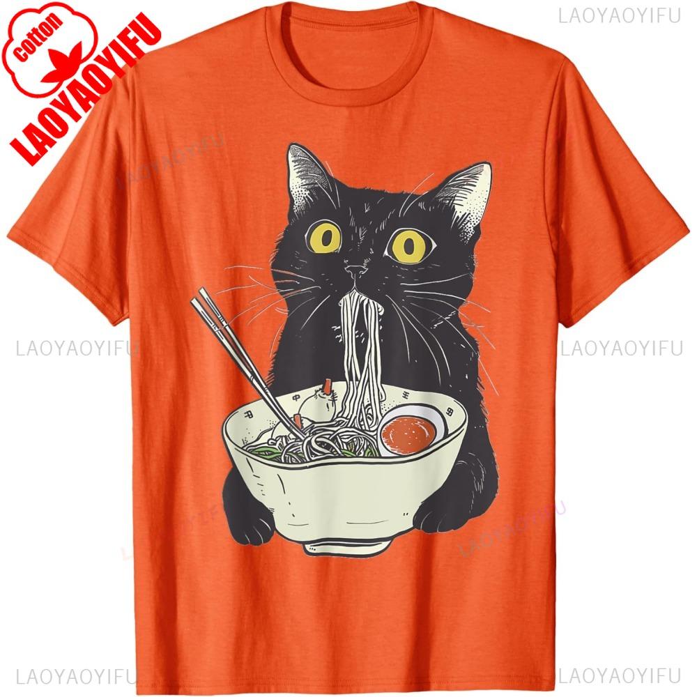 Japanese Cat Funny Cat Eating RaUnisex Vintage Japanese Noodles TShirt Casual Fashion Loose Streetwear Short Sleeve Unisex T Shirt