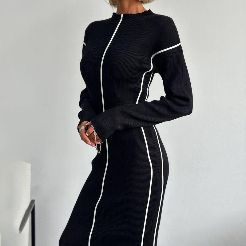 

Autumn New Contrast Color Line Women High Sense Slim fit Sheath Long sleeve Temperament Elegant Knitted Jumpsuit DRESS Black L