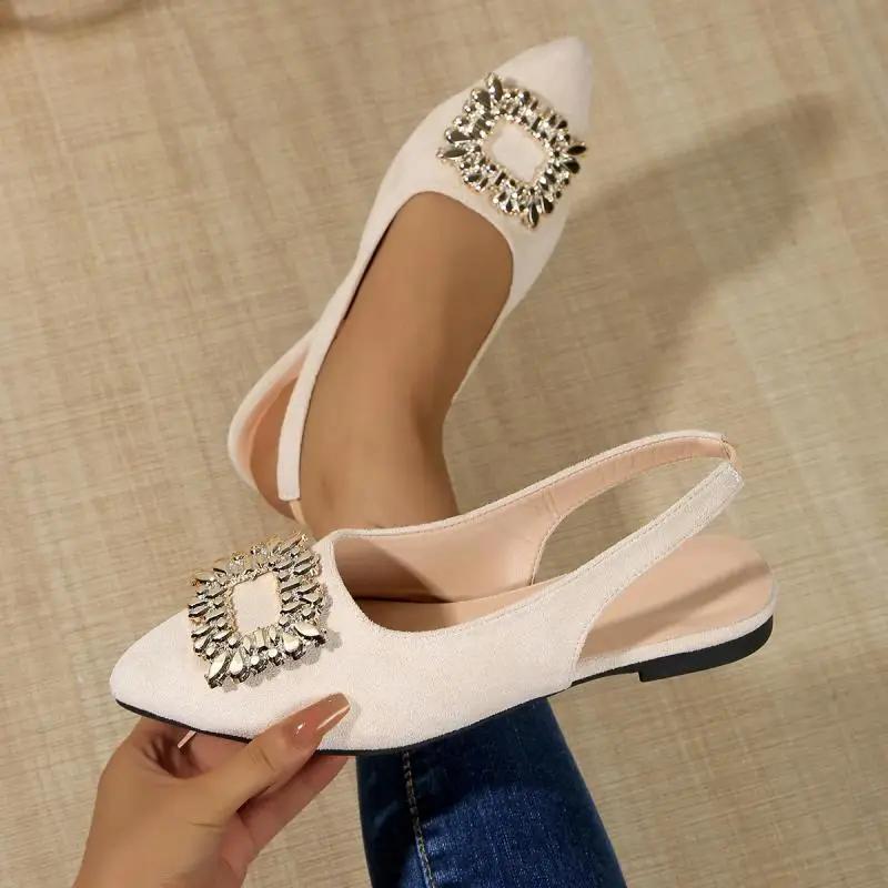 Fashion Daily Pointed Toe Sandals Women 2025 Summer Big Crystal Buckle Flat Heels Shoes Women Elegant White Driving Shoes