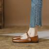 Mode Fyrkantig Tå Bruna läder mary janes skor kvinna retro ankelrem ballerinaskor låga djup mun mockasiner bekväma ballerinaskor för kvinna