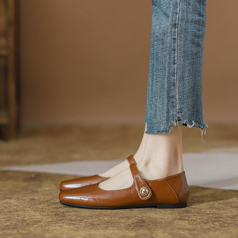 Mode Fyrkantig Tå Bruna läder mary janes skor kvinna retro ankelrem ballerinaskor låga djup mun mockasiner bekväma ballerinaskor för kvinna