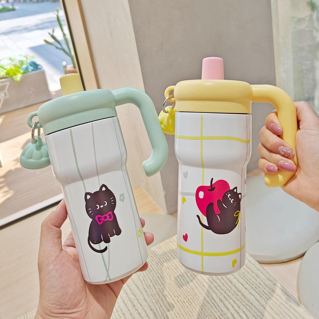 Floral Cartoon Handle Stainless Steel Vacuum Insulated Cup with Tea Infuser and Straw