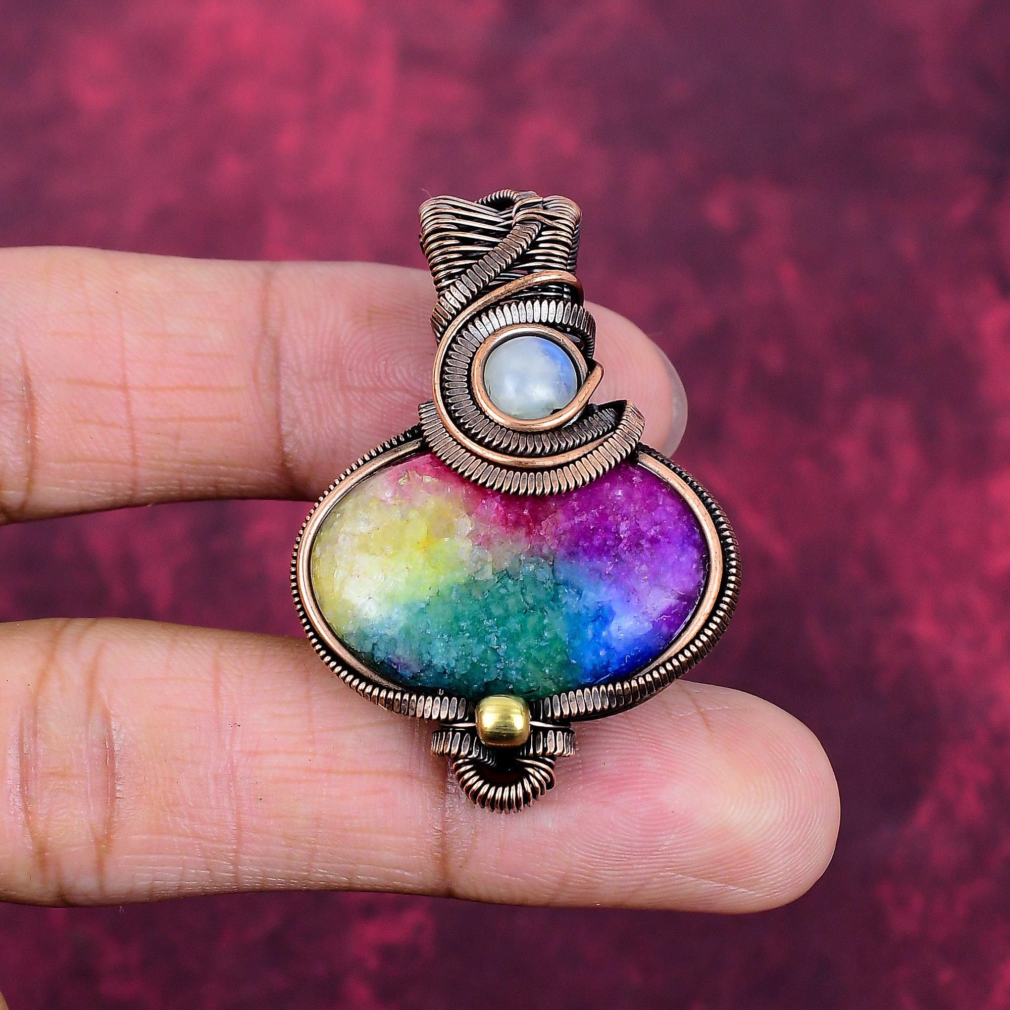 

Rainbow Solar Quartz Druzy Pendant Copper Wire Wrapped Rainbow Moonstone Jewelry