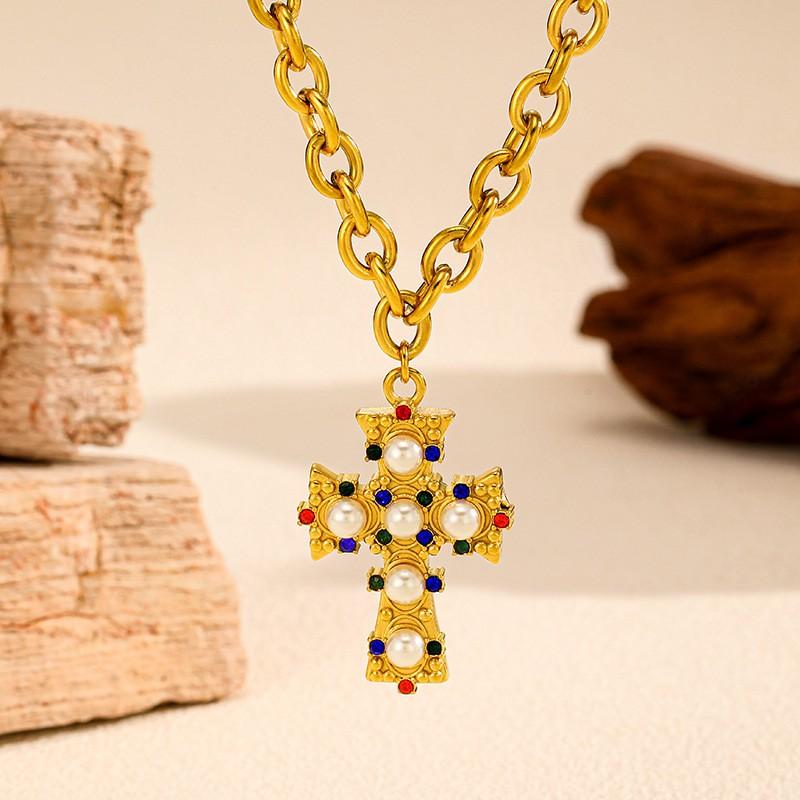 Womens Stainless Steel Cross Necklace Premium Pearl Collarbone Chain Fashion Jewelry
