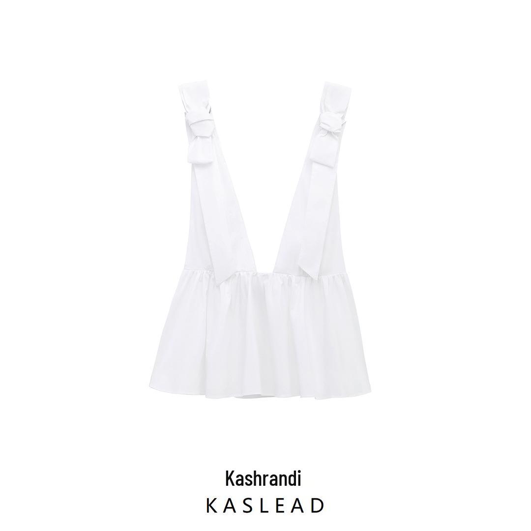 

2025 Spring Women s European/American Style Poplin V-Neck Top with Bow Detail XS белый