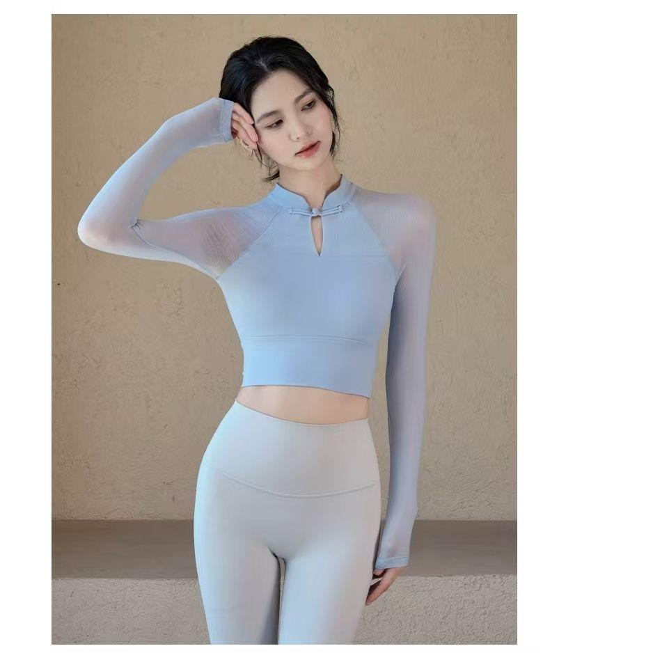 New Chinese-Style Long-Sleeve Yoga T-Shirt with Chest Pads
