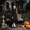 Halloween Witch Costume Girls Dark Gothic Dress With Cape Belt Hat Socks Broom Kids Cosplay Outfit