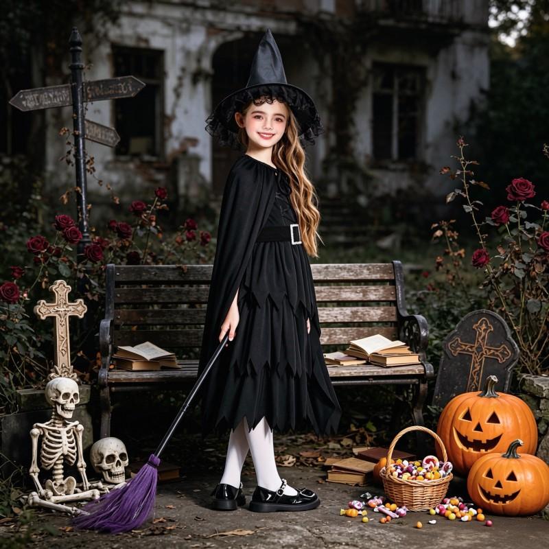 Halloween Witch Costume Girls Dark Gothic Dress With Cape Belt Hat Socks Broom Kids Cosplay Outfit