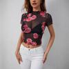 Summer New Net Fabric Flower Print Earflap Short-sleeved T-shirt Slimming Top for Women