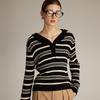 Women's Retro Color Block Ribbed Hooded Knit Sweater