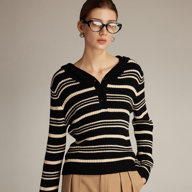 Women's Retro Color Block Ribbed Hooded Knit Sweater