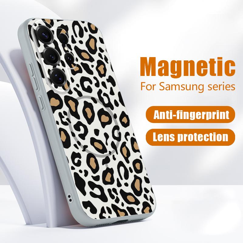 Magnetic For Magsafe Case For Samsung Galaxy S26 Ultra S25 Edge S24 Plus S23 FE S22 A54 A55 A56 5G Yellow Leopard Print Matte Cover