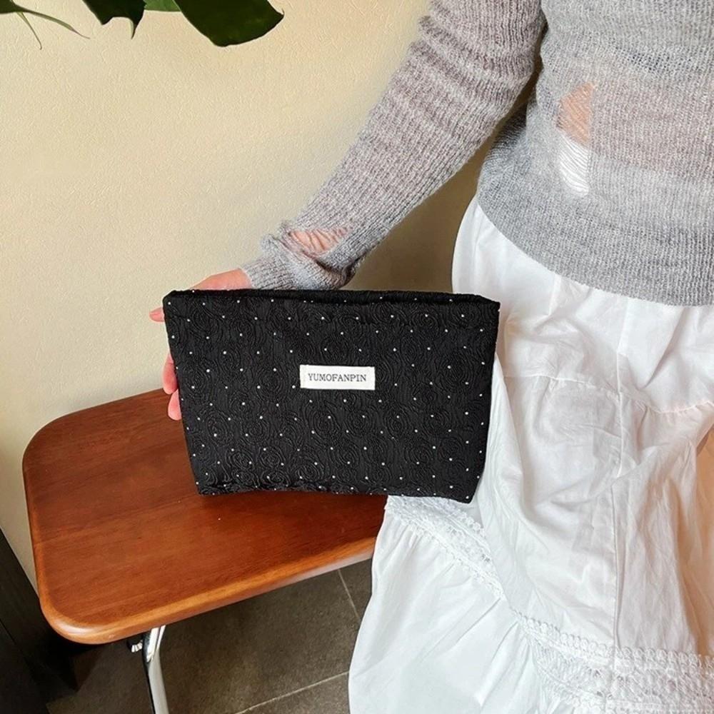 Portable Zippered Makeup Bag Flower Pattern Large Capacity Cosmetic Pouch Multi-purpose Solid Color Storage Bag Outdoor