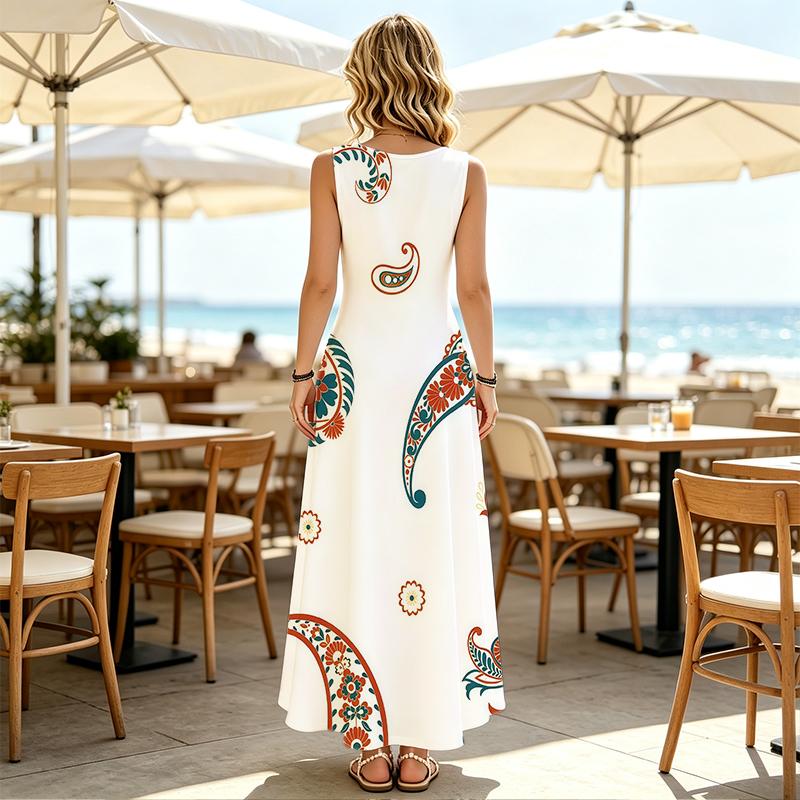 Women's Summer Bohemian Paisley Print Sleeveless Maxi Dress,Loose Fit Soft Fabric,Versatile for Casual Daily & Vacation Wear