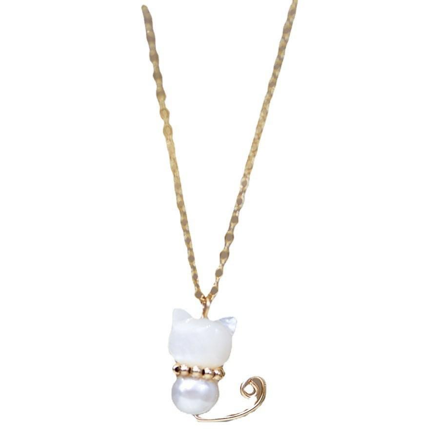 Lazy Cat Natural Hetian Jade Niche Freshwater Pearl Necklace14K Gold-plated necklace, collarbone chain for women, light luxury style