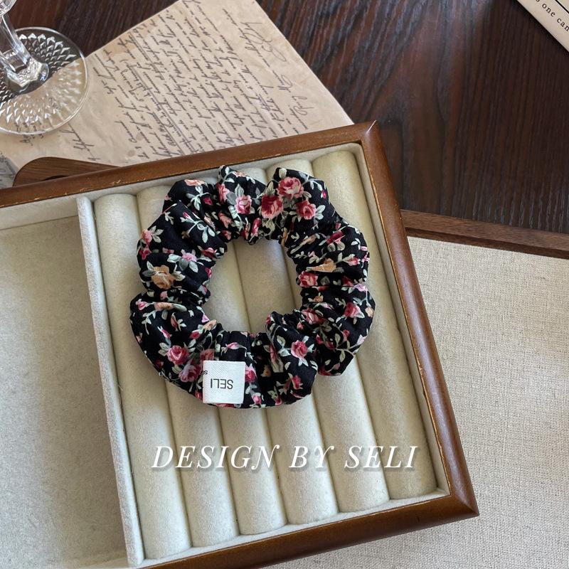 Night Rose Black Floral Scrunchie with French Lace Trim - Square Cloth Hair Tie Gentle on Hair