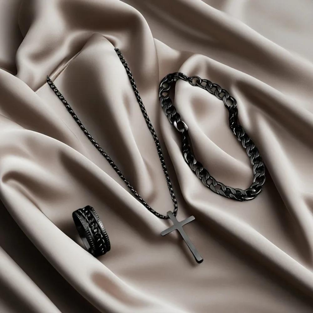 3pcs Set Men's Metal Cross Pendant Chain Necklace Bracelet Ring Jewelry Set Male Hip Hop Daily Wear Accessories