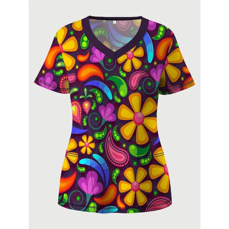 3D V-Neck T-Shirt Breathable Casual Sporty Short Sleeve Top For Women Full Print Fashion Pink Flowers