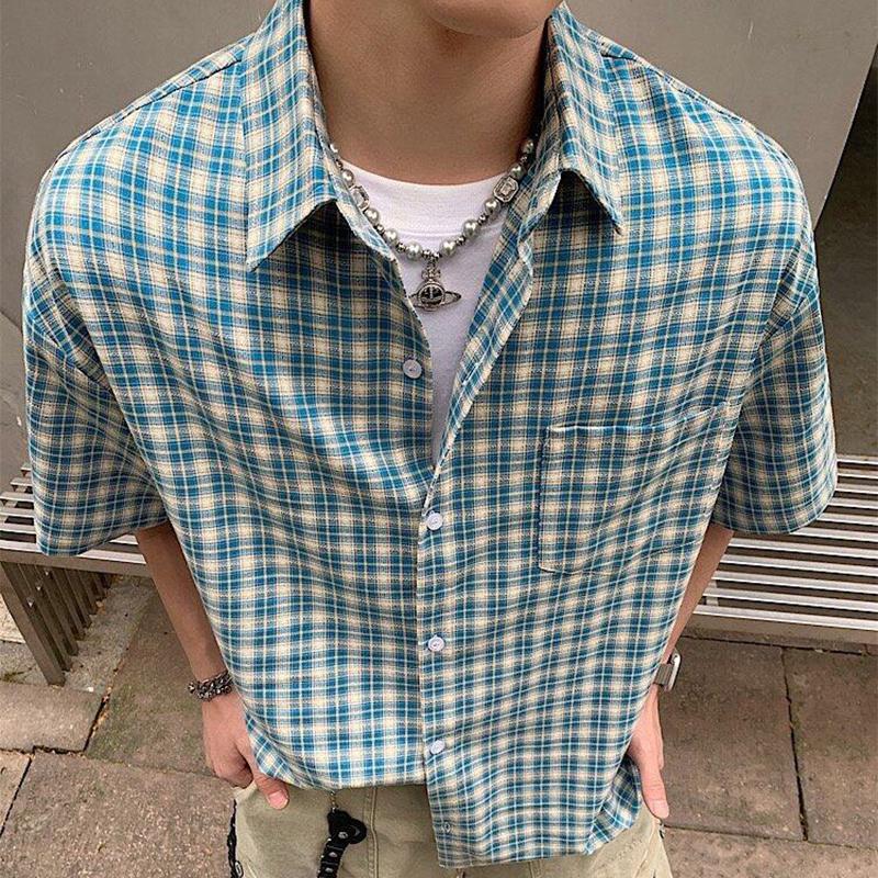 Summer Stylish Short Sleeve Shirt Men's Streetwear Vintage Button Up Turn Down Collar Shirts Trendy Men Plaid Printed