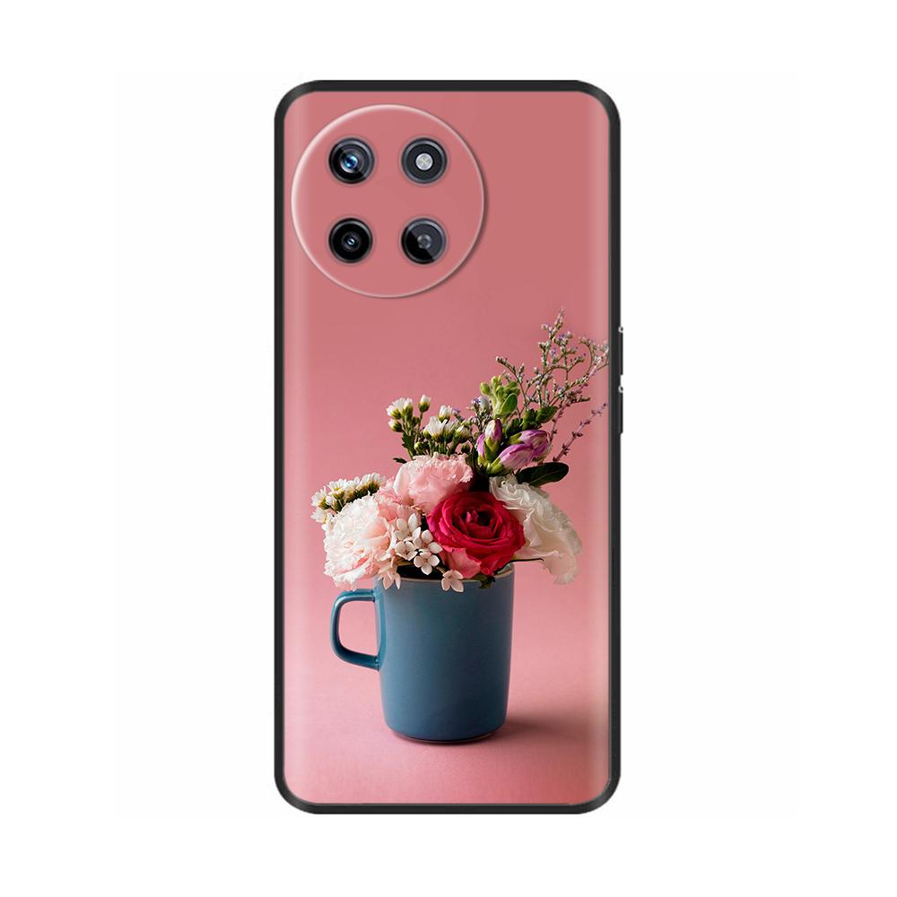 Für Realme 11 4G Hülle Silikon Weich Marmor Blume Schwarzer Stoßfänger Fundas Coque Für OPPO Realme 11 4G 6.43" realme11 Bemalte Abdeckungen