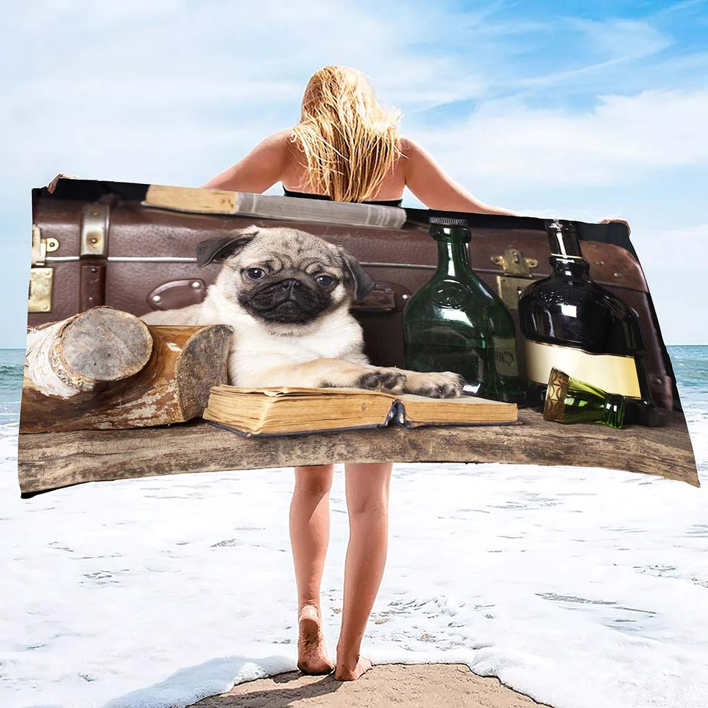 Microfiber Sand Free Beach Towel Thin Quick Fast Dry Super Absorbent Oversized Large Lightweight Towels for Beach Pool Pug Dog