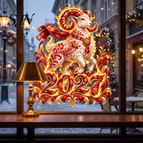 Russian New Year Party Supplies 2027 Flame Goat Static Glass Sticker, PVC Zodiac Sheep Window Cling for Home and Atmospheric Festival Art Store