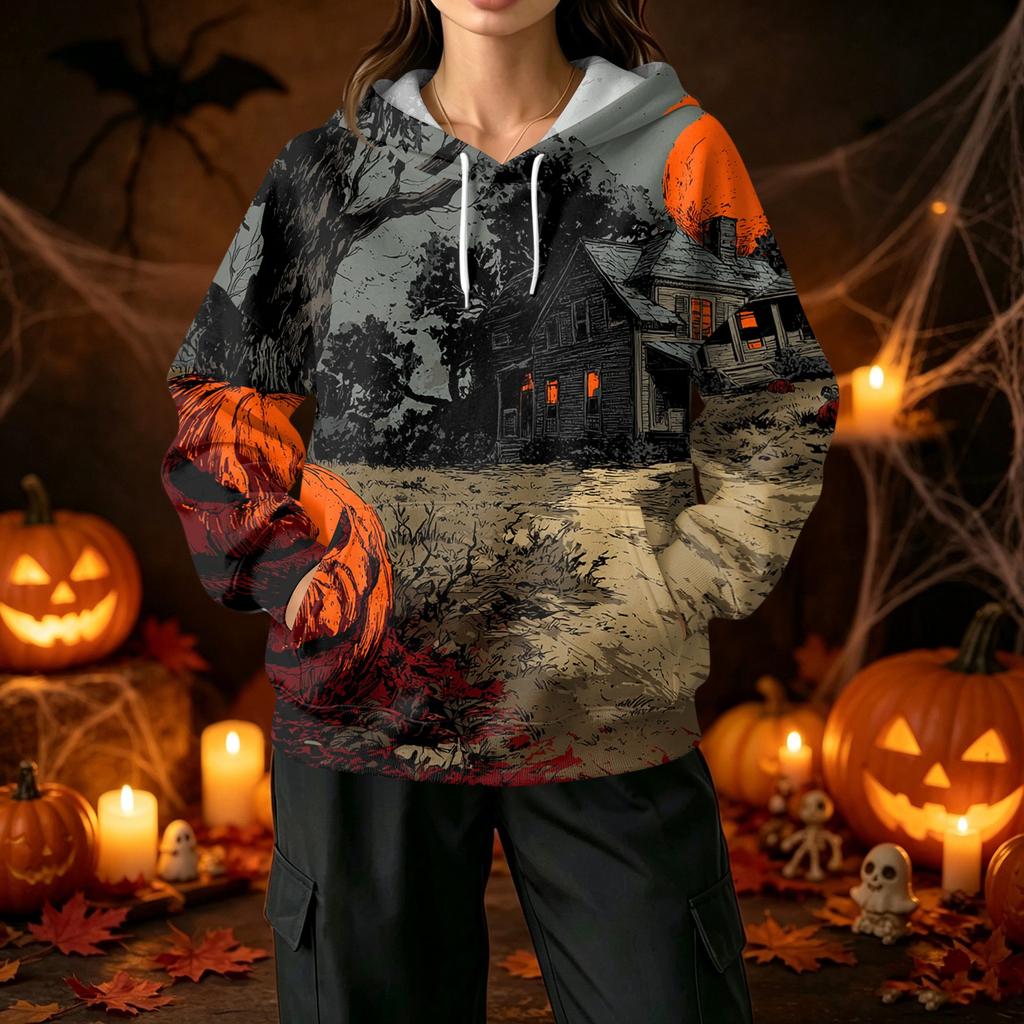 Ladies fashion casual Halloween printed drawstring hooded sweater with pockets